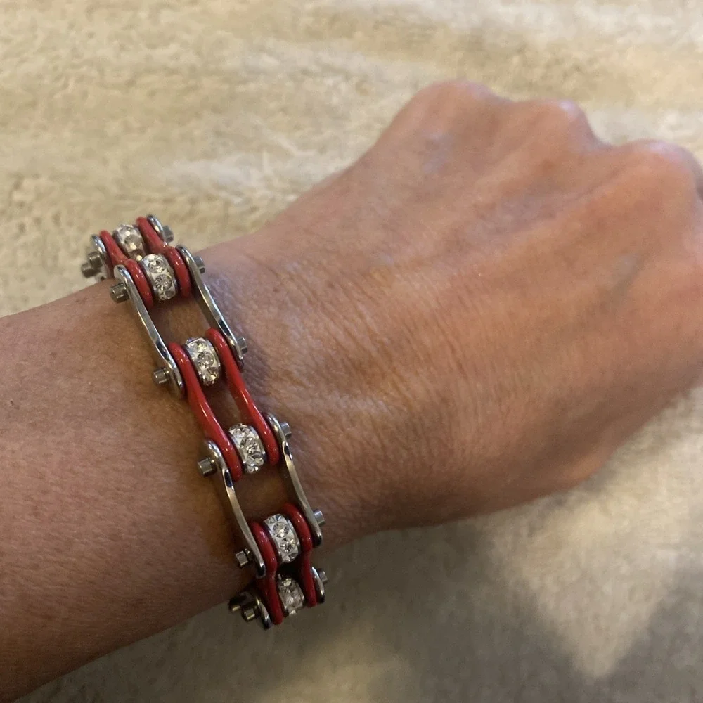 Ladies Stainless Steel And Rhinestone Motorcycle Chain Bracelet by ATC LLC